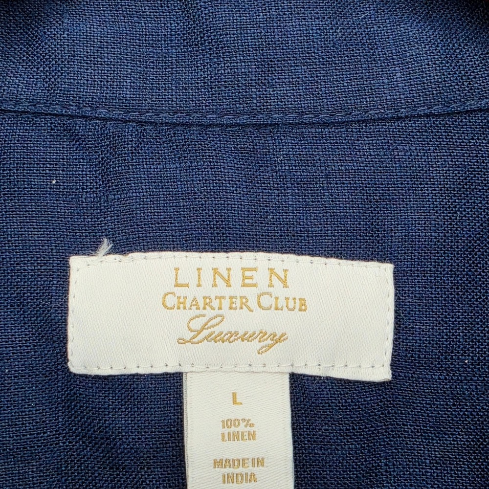 Charter Club 100% Linen Navy Button Shirt Large Roll Tab Coastal Luxury Top - Picture 4 of 4